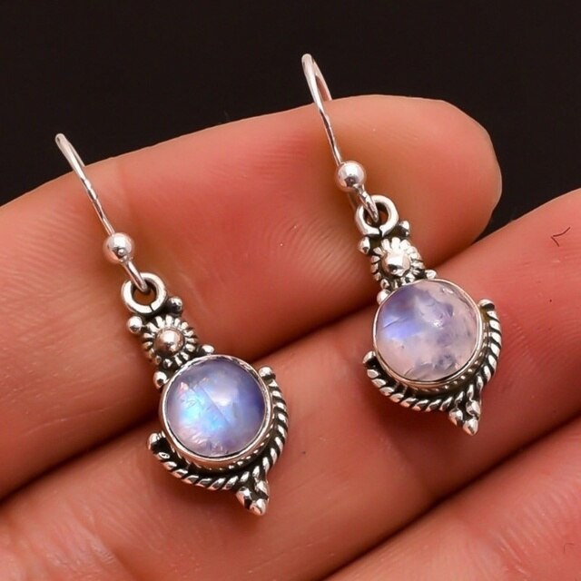Natural Gemstone Crystal Rainbow Moonstone Hanging Earrings - Omamoristone お守り石