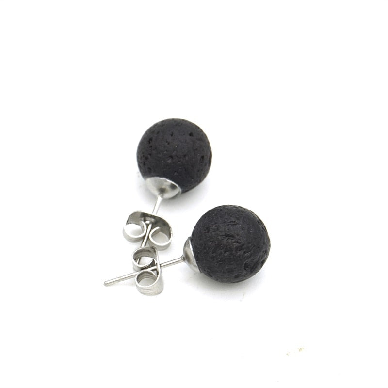 8mm 10mm Black Lava Rock Stone Bead Earrings - Omamoristone お守り石