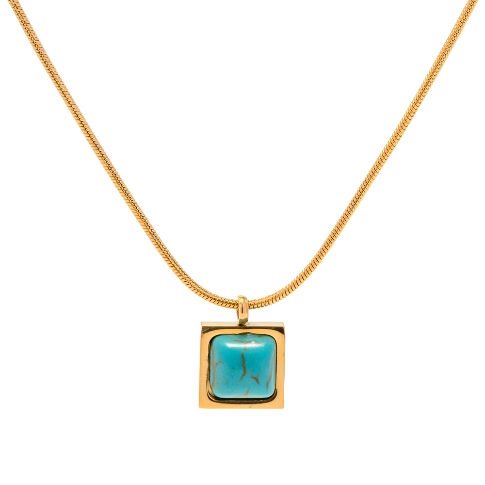Square Natural Turquoise Metal Texture Stainless Steel Statement Necklace - Omamoristone お守り石
