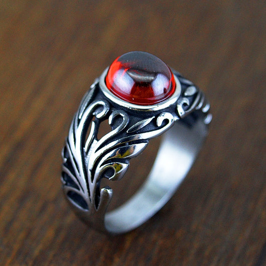 Punk Fashion Red Garnet 316L Stainless Steel Carved Rings