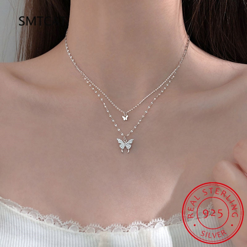 925 Sterling Silver Flash Butterfly Double Necklace