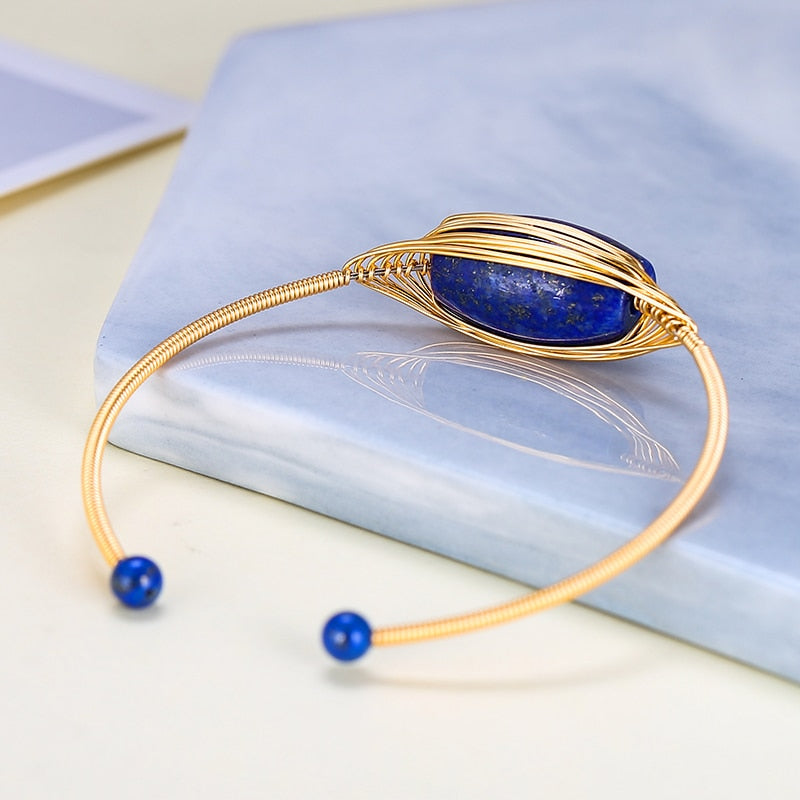 Natural Blue Lapis Lazuli 18k Gold Bangle Bracelets