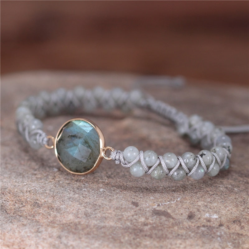 Unisex Natural Stone Boho Labradorite Charm Beads Braided Bracelet - Omamoristone お守り石
