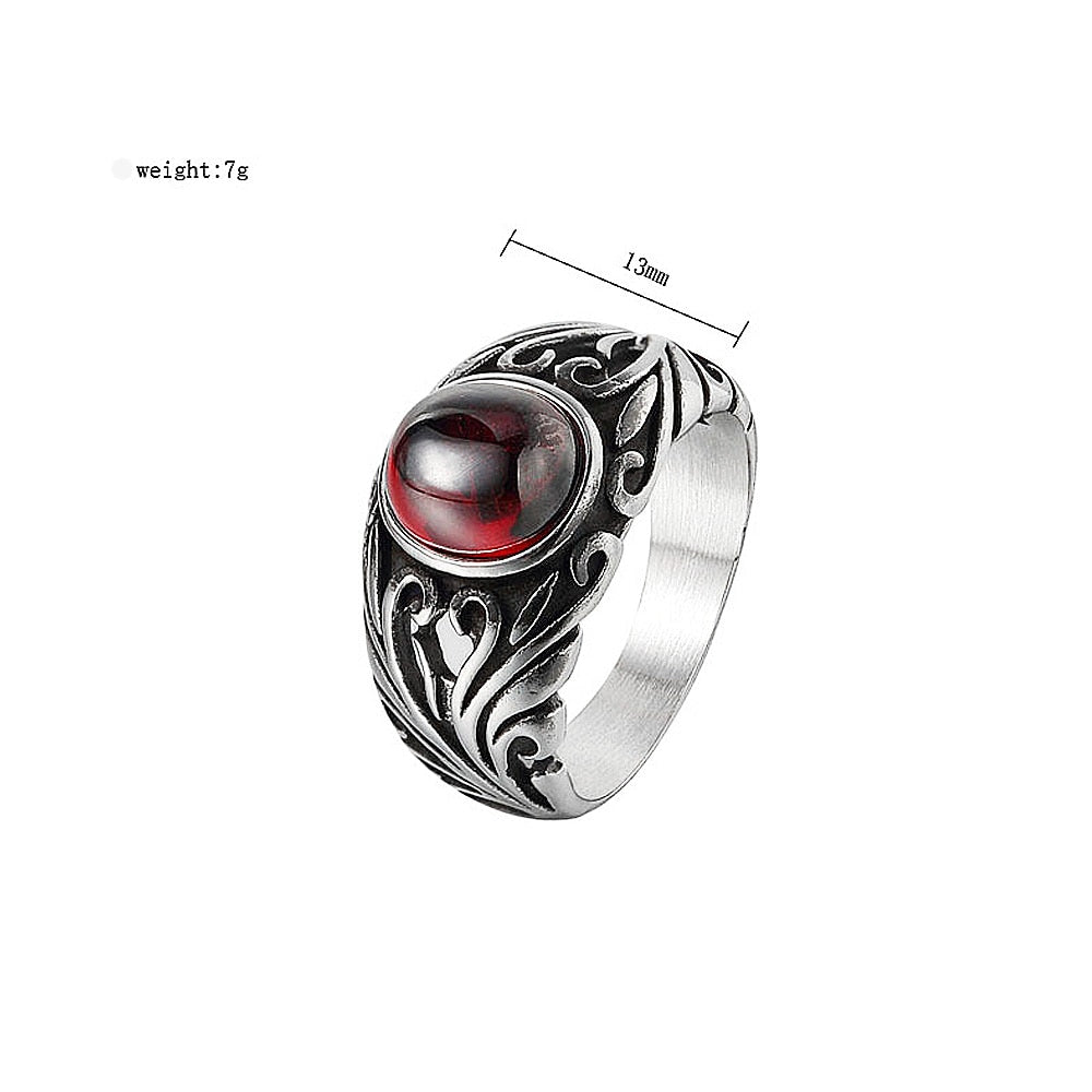 Punk Fashion Red Garnet 316L Stainless Steel Carved Rings