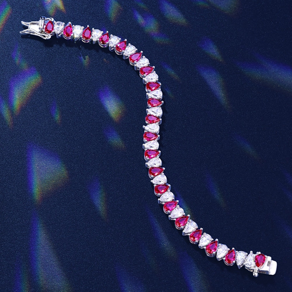 100% 925 Sterling Silver Pear Cut Lab Ruby White Sapphire Gemstone Women Bracelets - Omamoristone お守り石