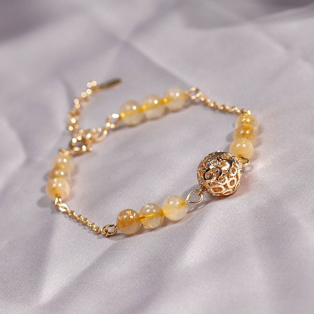 Natural Crystal Garnet 14K Gold Rutilated Quartz Bracelet