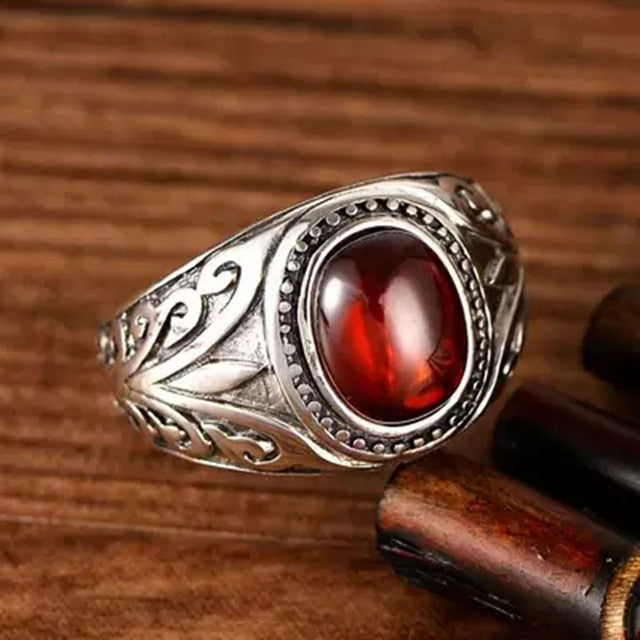 925 sterling silver black agates/red garnet ancient rattan pattern men's and women's ring