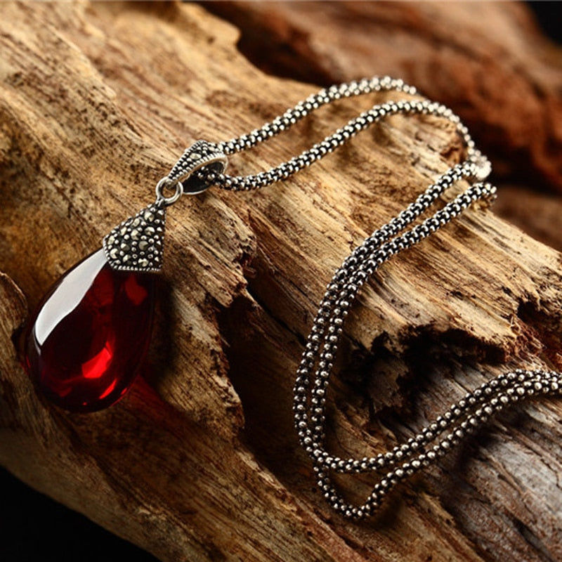Natural Red Garnet 925 Sterling Silver Water Drop Pendant Retro Necklace - Omamoristone お守り石