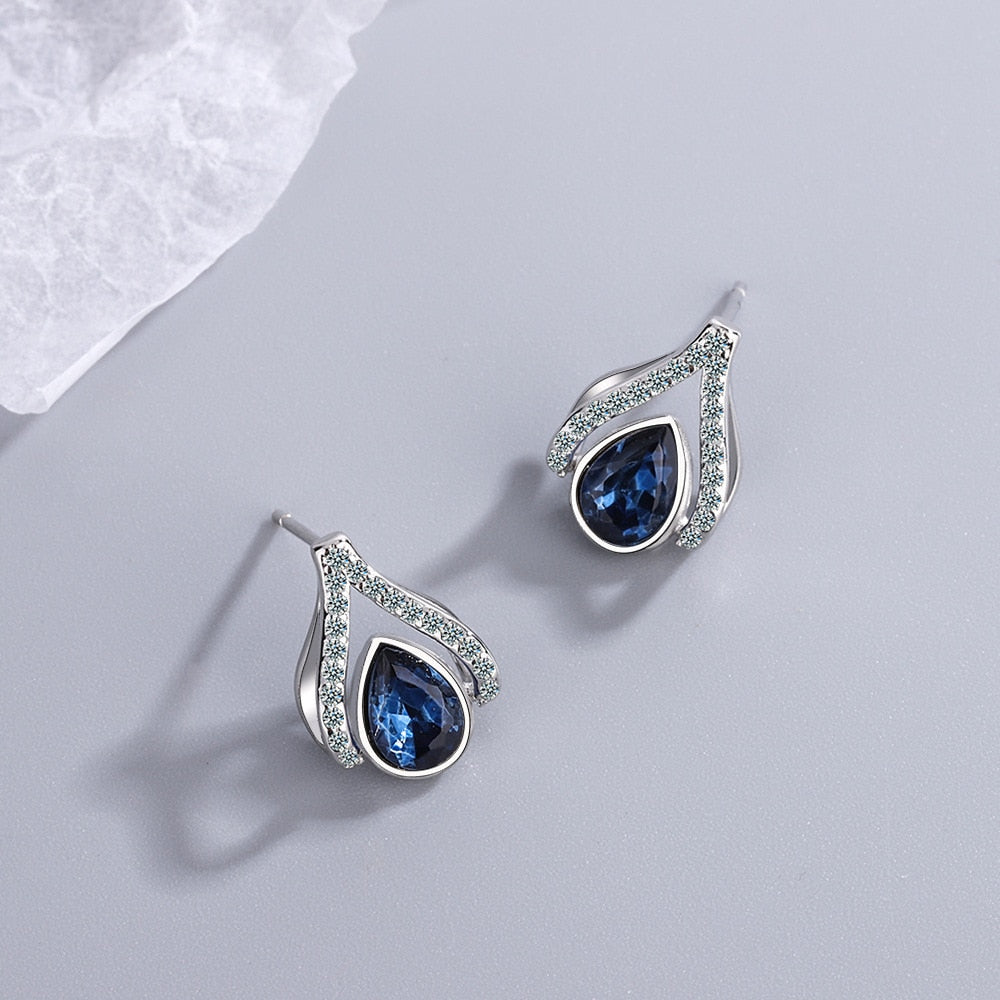 925 Silver Needle Japanese Water Drop Sapphire Flower Earrings - Omamoristone お守り石