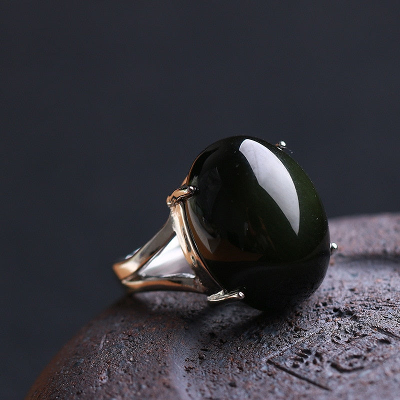 Natural Obsidian 925 Silver Ring - Omamoristone お守り石