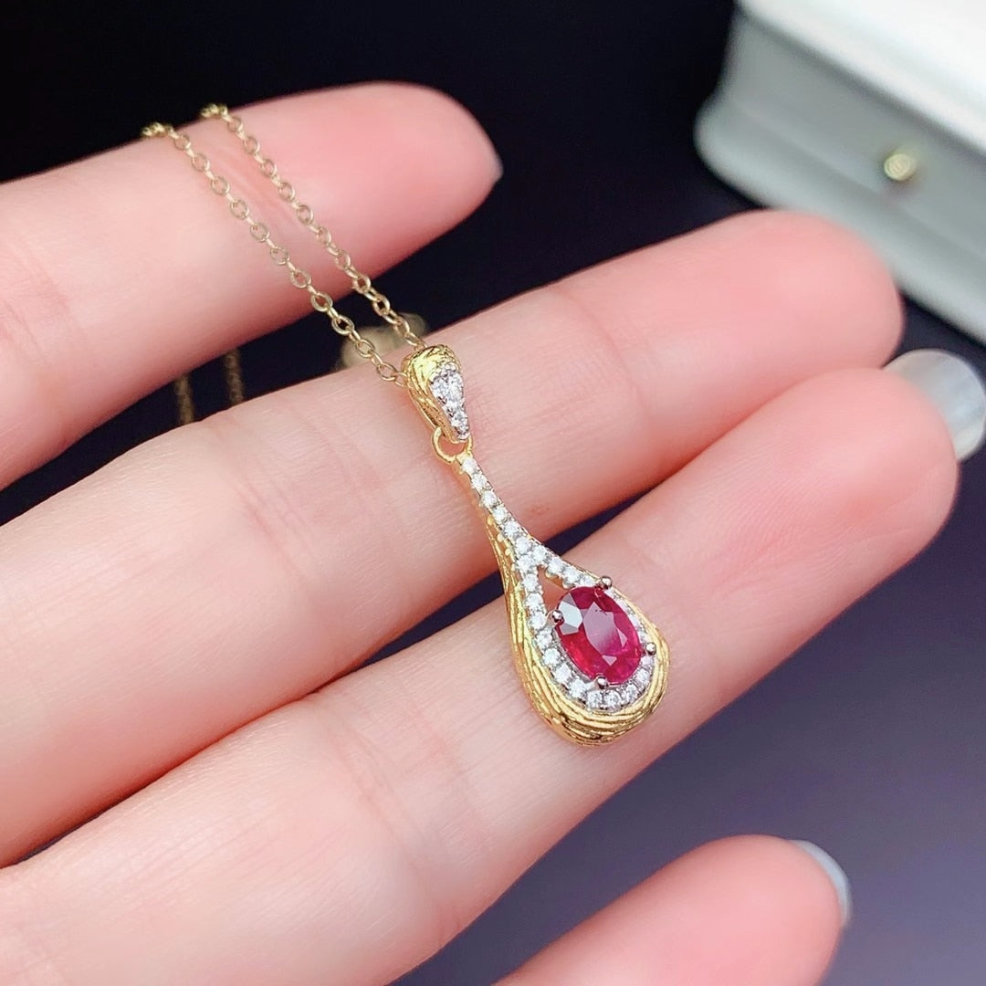 Natural Ruby Pendant 925 Silver Necklace - Omamoristone お守り石