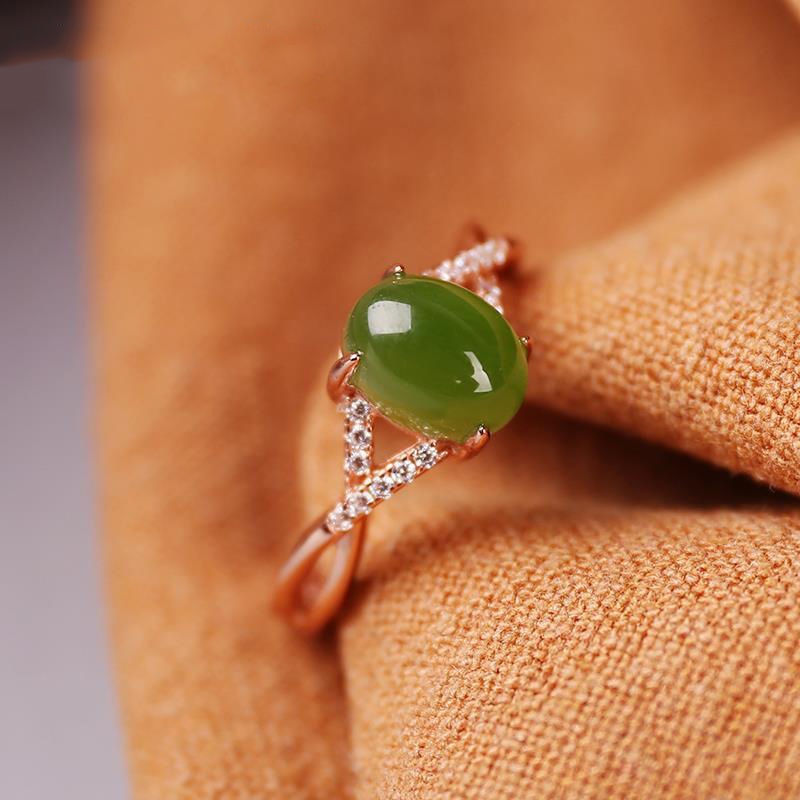 Natural Hetian Jade Diamond Egg Round Opening Adjustable Ring - Omamoristone お守り石