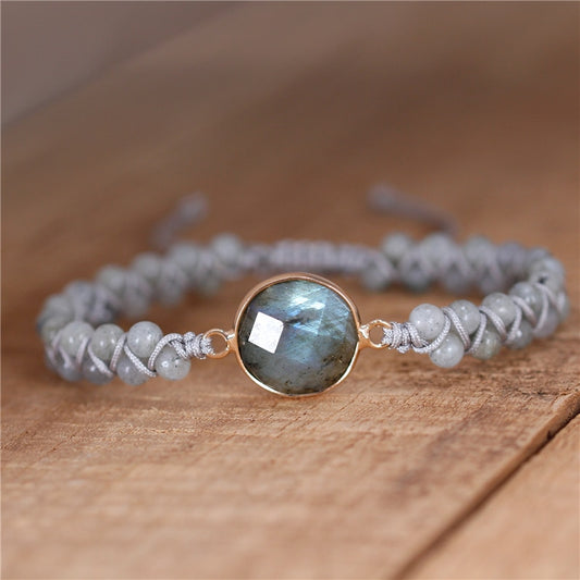 Unisex Natural Stone Boho Labradorite Charm Beads Braided Bracelet - Omamoristone お守り石