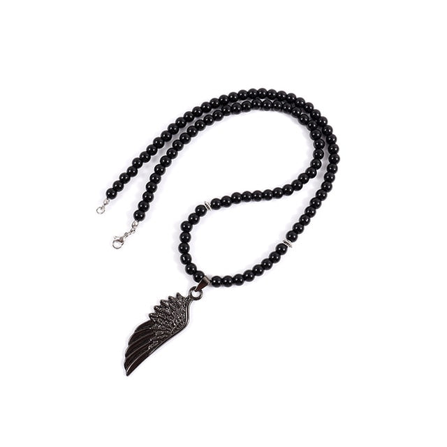 Vintage Feather Pendant 6mm Lava Stone Bead Necklace - Omamoristone お守り石