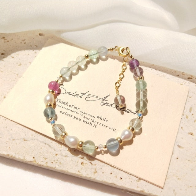 Lovely Rainbow Fluorite Pearl 14K Gold Bracelets - Omamoristone お守り石