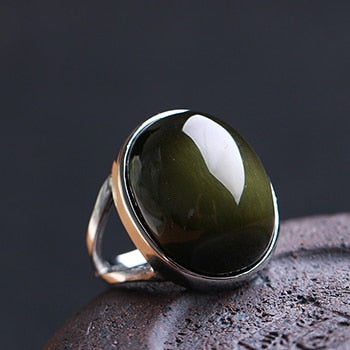 Natural Obsidian 925 Silver Ring - Omamoristone お守り石