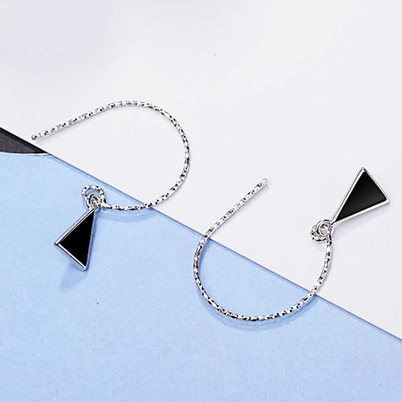 925 Sterling Silver Drop Earrings with Triangle Shape Obsidian Gemstones Earrings - Omamoristone お守り石