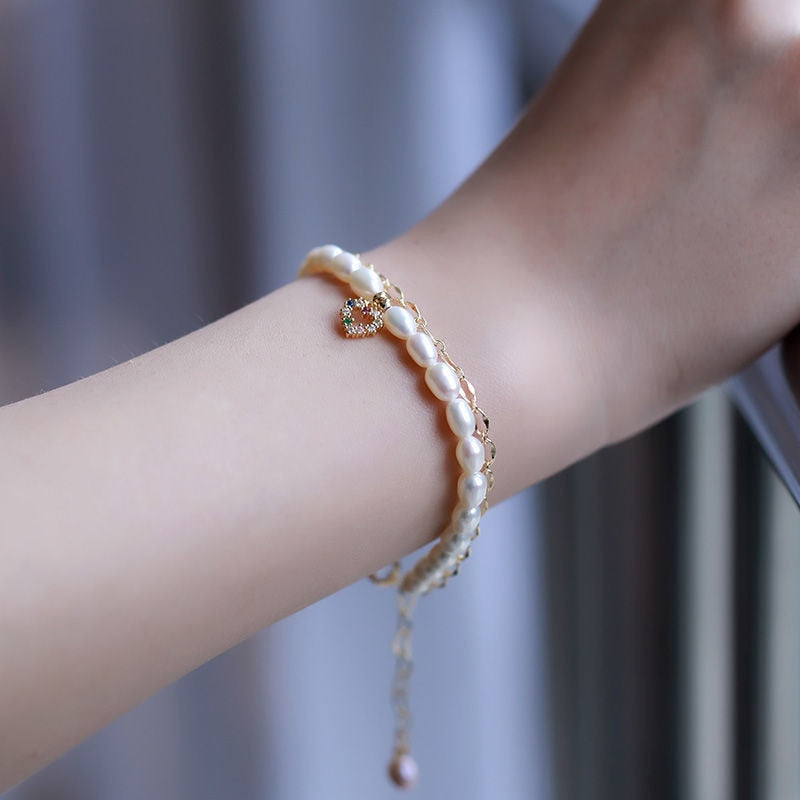 Natural Pearl Double-layer 14k Gold Bracelet - Omamoristone お守り石
