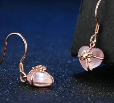 Natural Heart Pink Rose Quartz 925 Rose Gold Earrings - Omamoristone お守り石