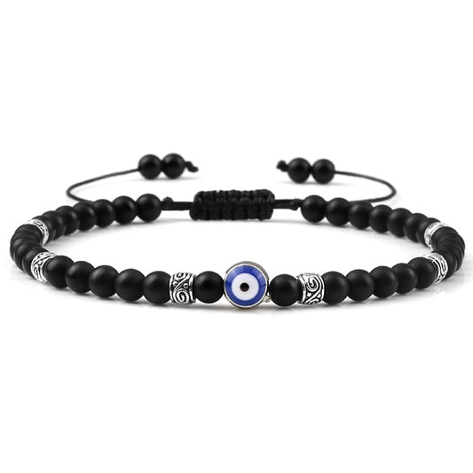 Evil Eye Bracelet 4mm Natural Black Matte Lava Stone Beads Handmade Braided Bracelet - Omamoristone お守り石