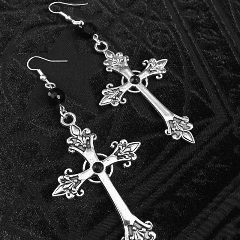 Gothic Black Cross Garnet and Crystal Chandelier Earrings - Omamoristone お守り石