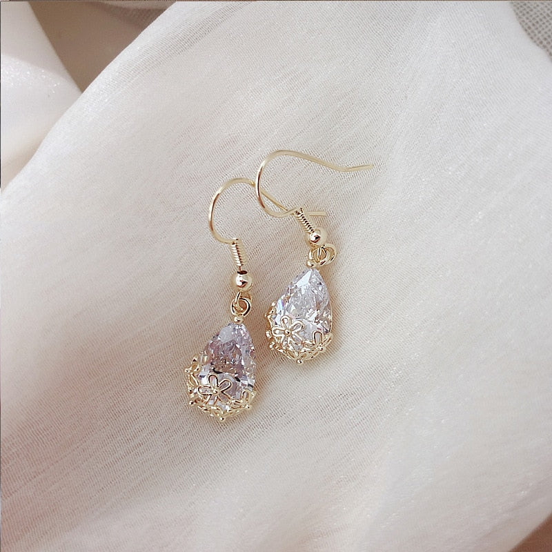 Premium Water Drop Zircon Earrings /Elegant Design Metal Cutout Earrings - Omamoristone お守り石