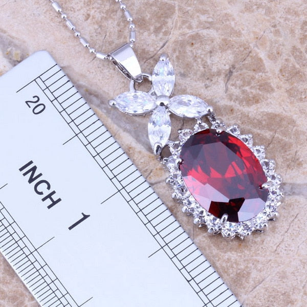 Red Garnet White CZ Silver Plated Jewelry Sets Earrings and Pendant - Omamoristone お守り石