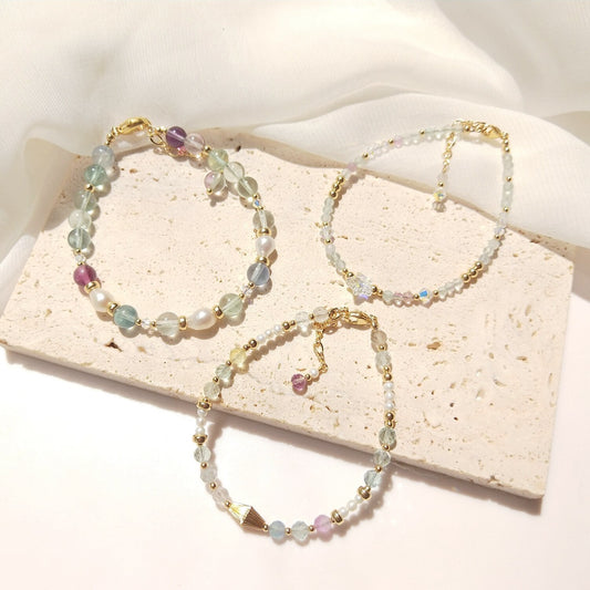 Lovely Rainbow Fluorite Pearl 14K Gold Bracelets - Omamoristone お守り石