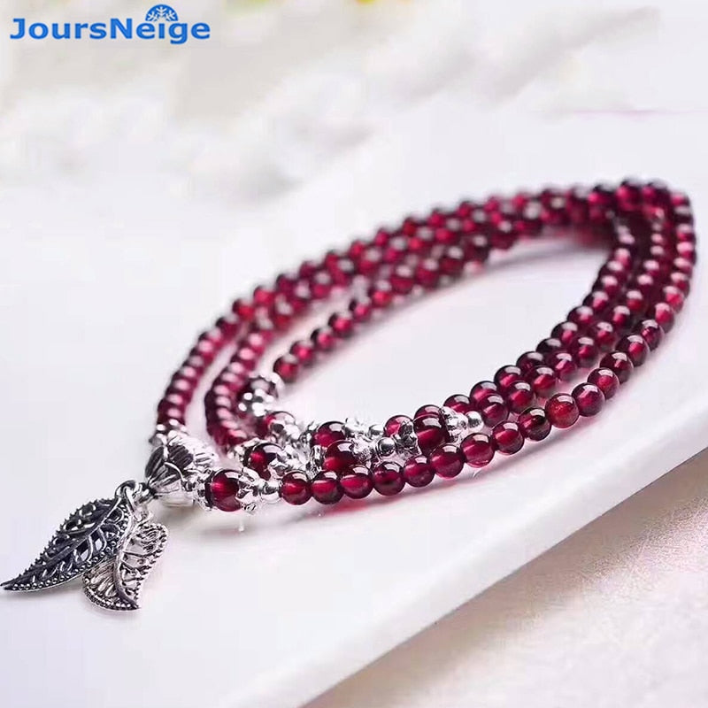 Natural Wine Red Garnet Bracelets Beads Tibetan Silver Leaf Pendant - Omamoristone お守り石