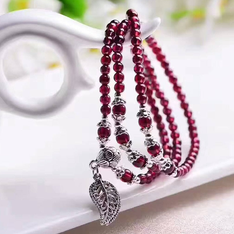 Natural Wine Red Garnet Bracelets Beads Tibetan Silver Leaf Pendant - Omamoristone お守り石