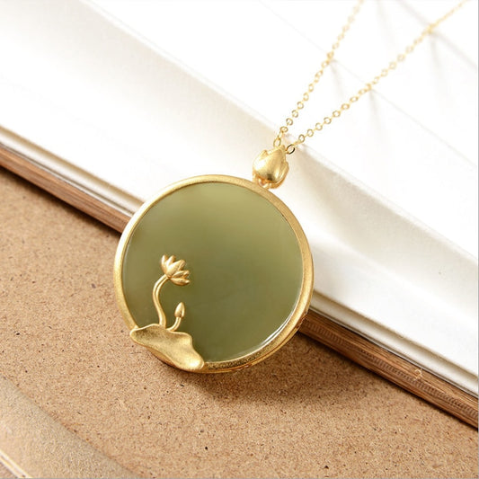 Silver inlaid natural Hetian jade lotus blossom round brand Pendant Necklace Chinese style - Omamoristone お守り石