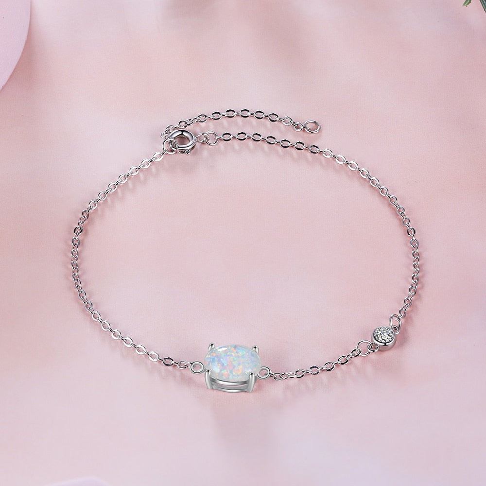 Simple 925 Sterling Silver Oval Opal Chain Link Adjustable Bracelets - Omamoristone お守り石
