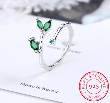 Real 925 Sterling Silver Leaves Emerald Green Slub Open Rings - Omamoristone お守り石