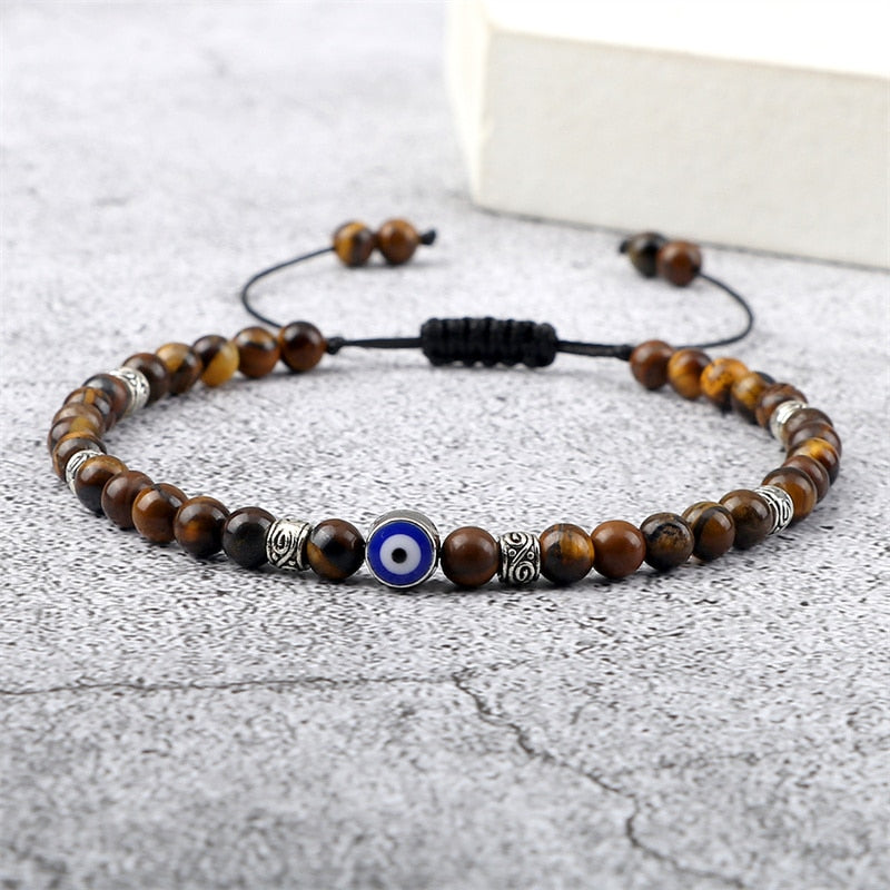 Evil Eye Bracelet 4mm Natural Black Matte Lava Stone Beads Handmade Braided Bracelet - Omamoristone お守り石
