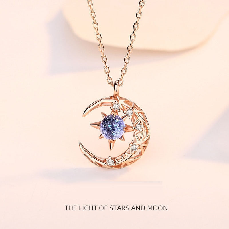 Stars And Moon Delicate Rhinestone Gold Necklace - Omamoristone お守り石