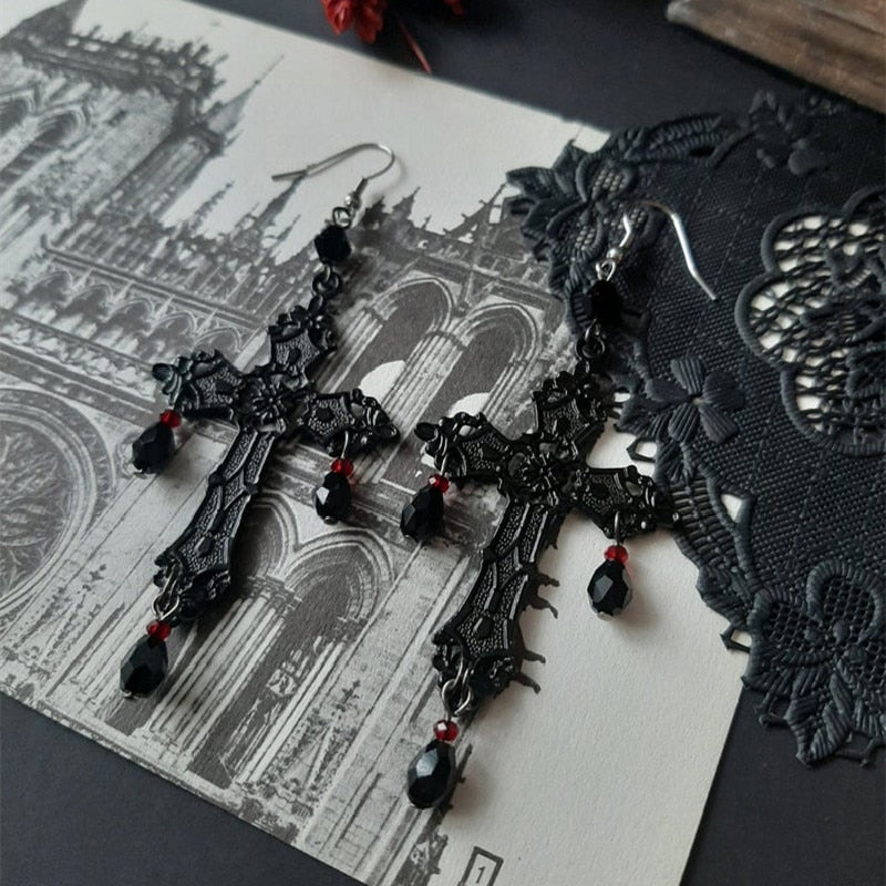 Gothic Black Cross Garnet and Crystal Chandelier Earrings - Omamoristone お守り石