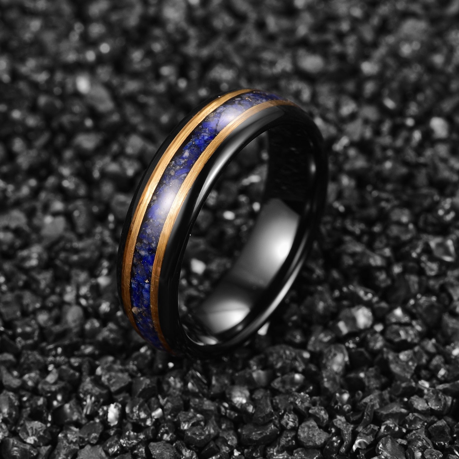 6mm Black Gold Color Inlaid Lapis Lazuli Inoxidizable Wedding Rings - Omamoristone お守り石