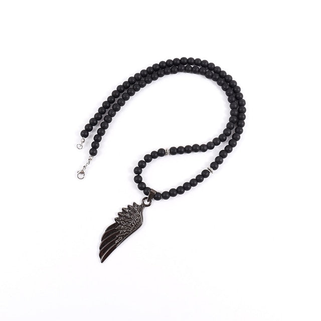Vintage Feather Pendant 6mm Lava Stone Bead Necklace - Omamoristone お守り石
