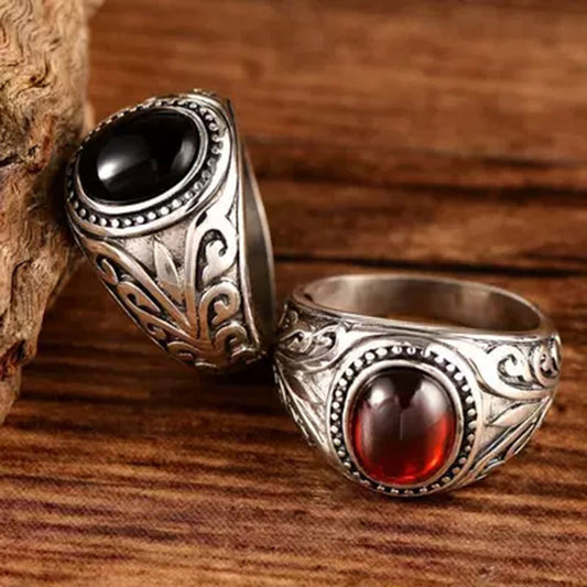 925 sterling silver black agates/red garnet ancient rattan pattern men's and women's ring