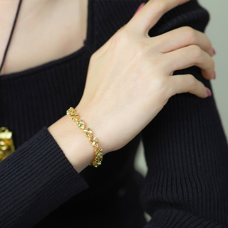 24K Gold Bracelet 6mm Four-leaf clover gold bracelet