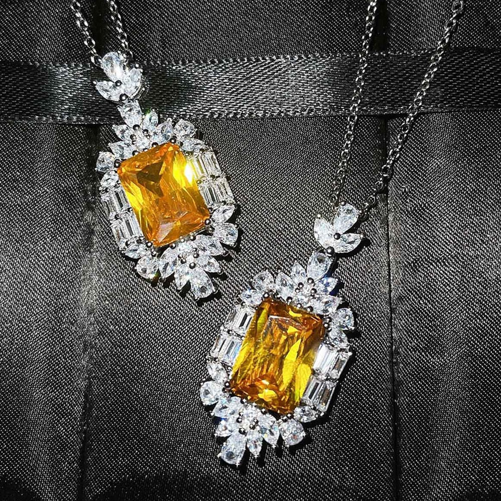 Vintage 18k White Gold Bling Yellow Crystal Citrine Pendant Necklaces - Omamoristone お守り石