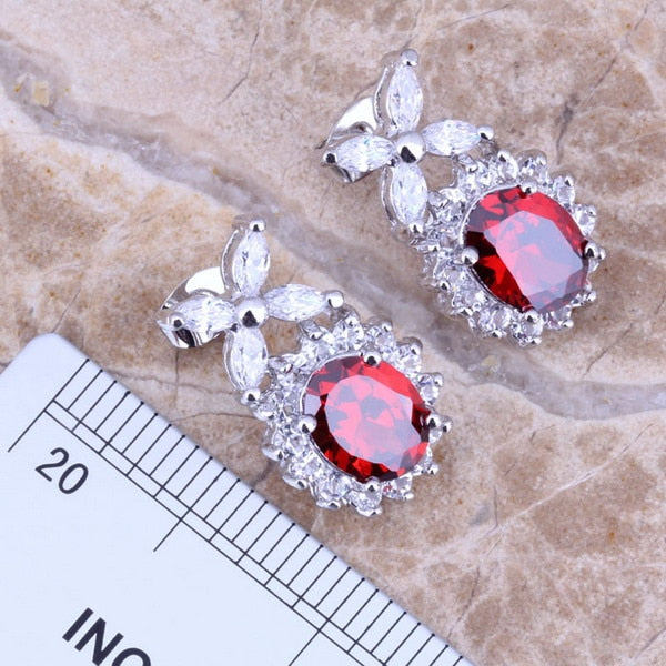 Red Garnet White CZ Silver Plated Jewelry Sets Earrings and Pendant - Omamoristone お守り石