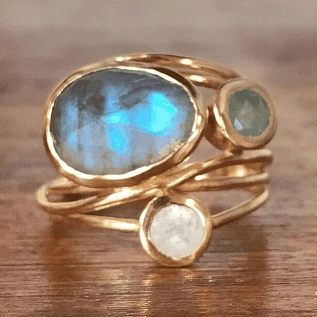 Vintage Unique Oval Colorful Moonstone Gold Color Ring - Omamoristone お守り石