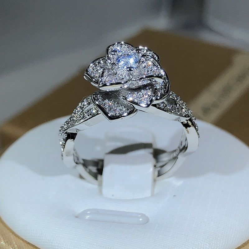925 Sterling Silver Rose White Zircon Ring