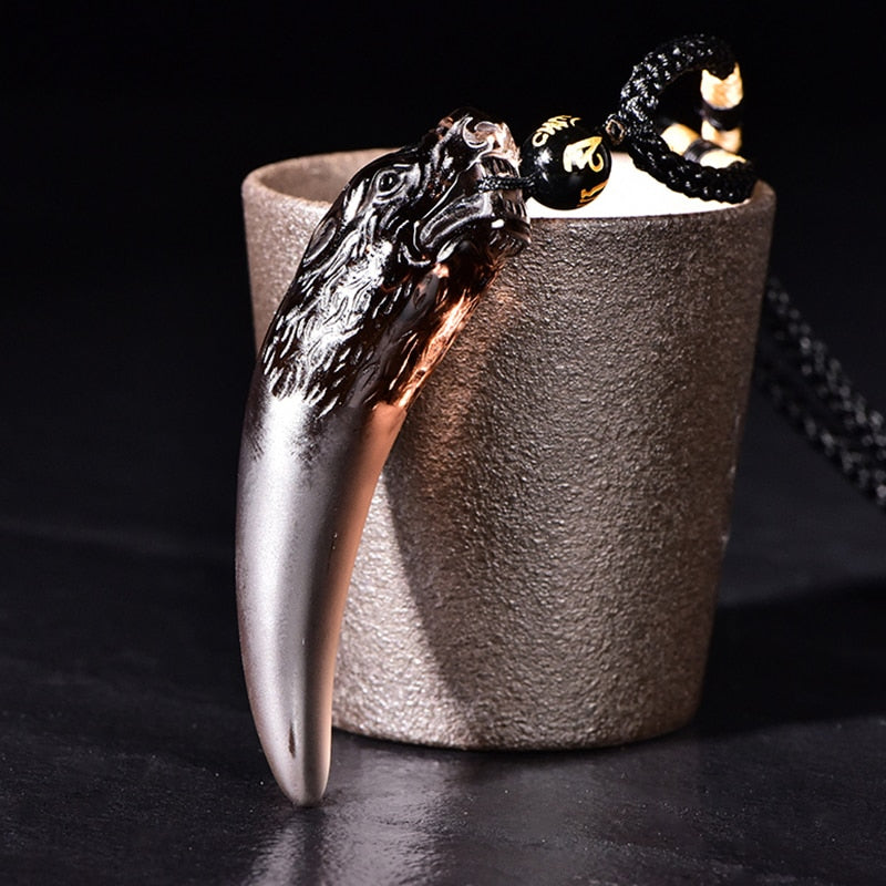 Lucky Stone Obsidian Wolf Tooth Necklace - Omamoristone お守り石