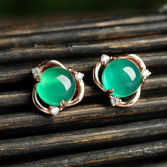 Round Gemstone Emerald 925 Silver Earrings - Omamoristone お守り石